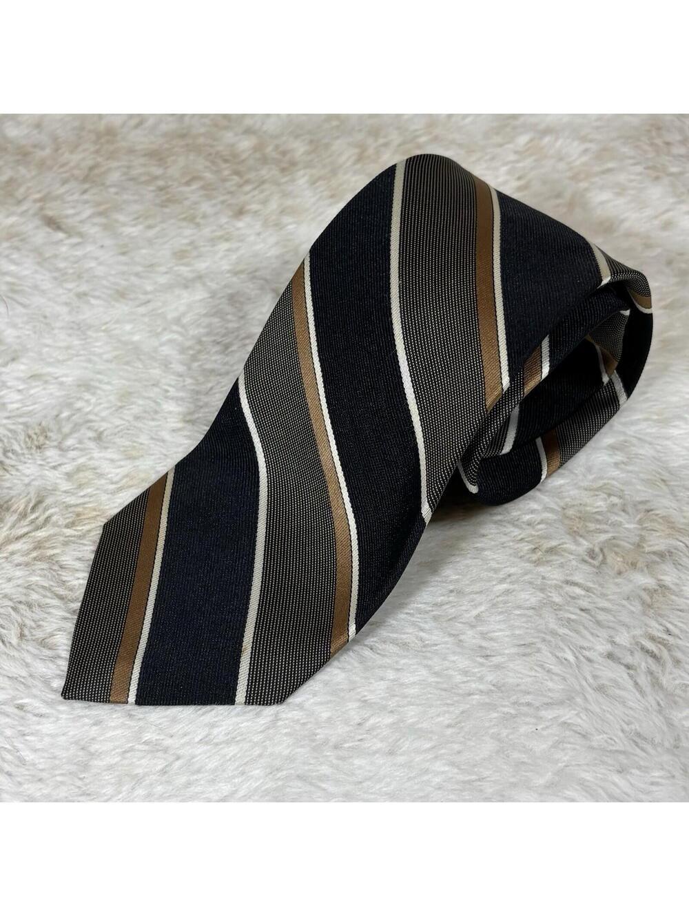 Damon Striped Tie Navy Tan Cream Regimental Classic Width Neck Tie